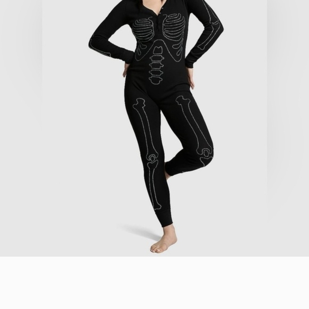 NEW Pink Victoria's Secret  BLING Black Skeleton Thermal Onesie SIZE LARGE New